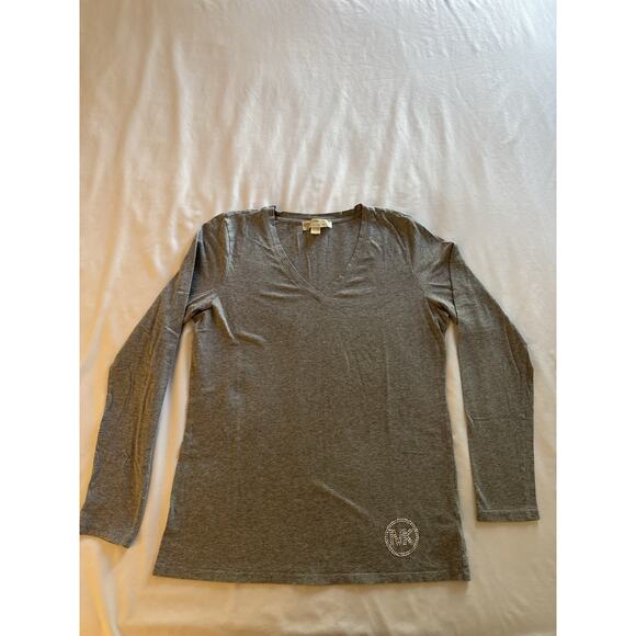 Michael Kors Tops - Michael Kors Gray V Neck Top Shirt Women's Large Rhinestone Logo Long Sleeve